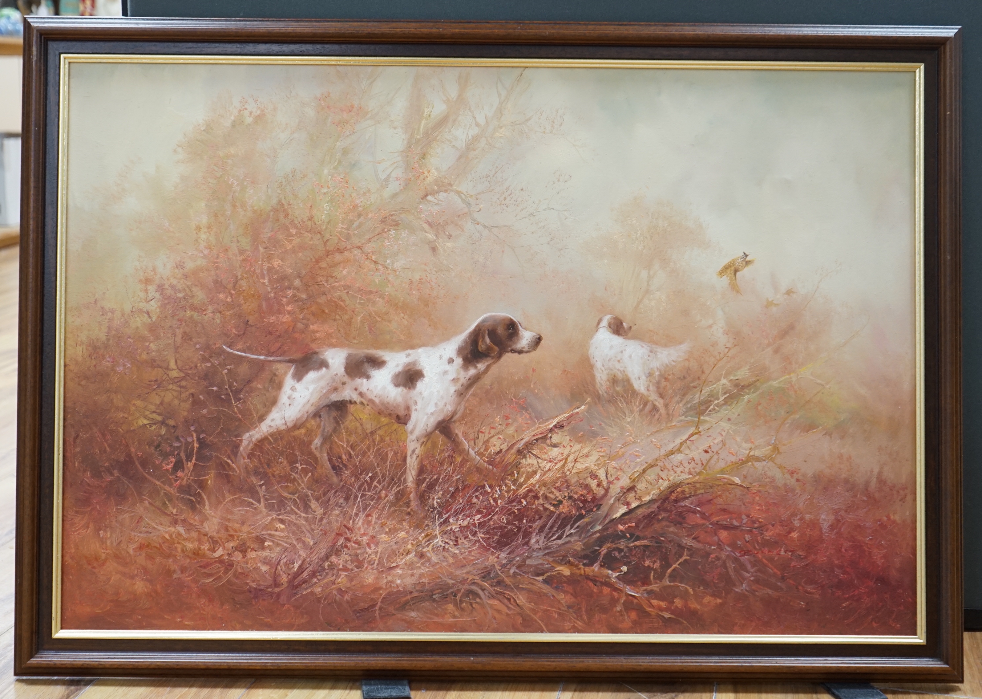 Burnett, oil on canvas, Gun dogs and game, signed, 90cm x 60cm